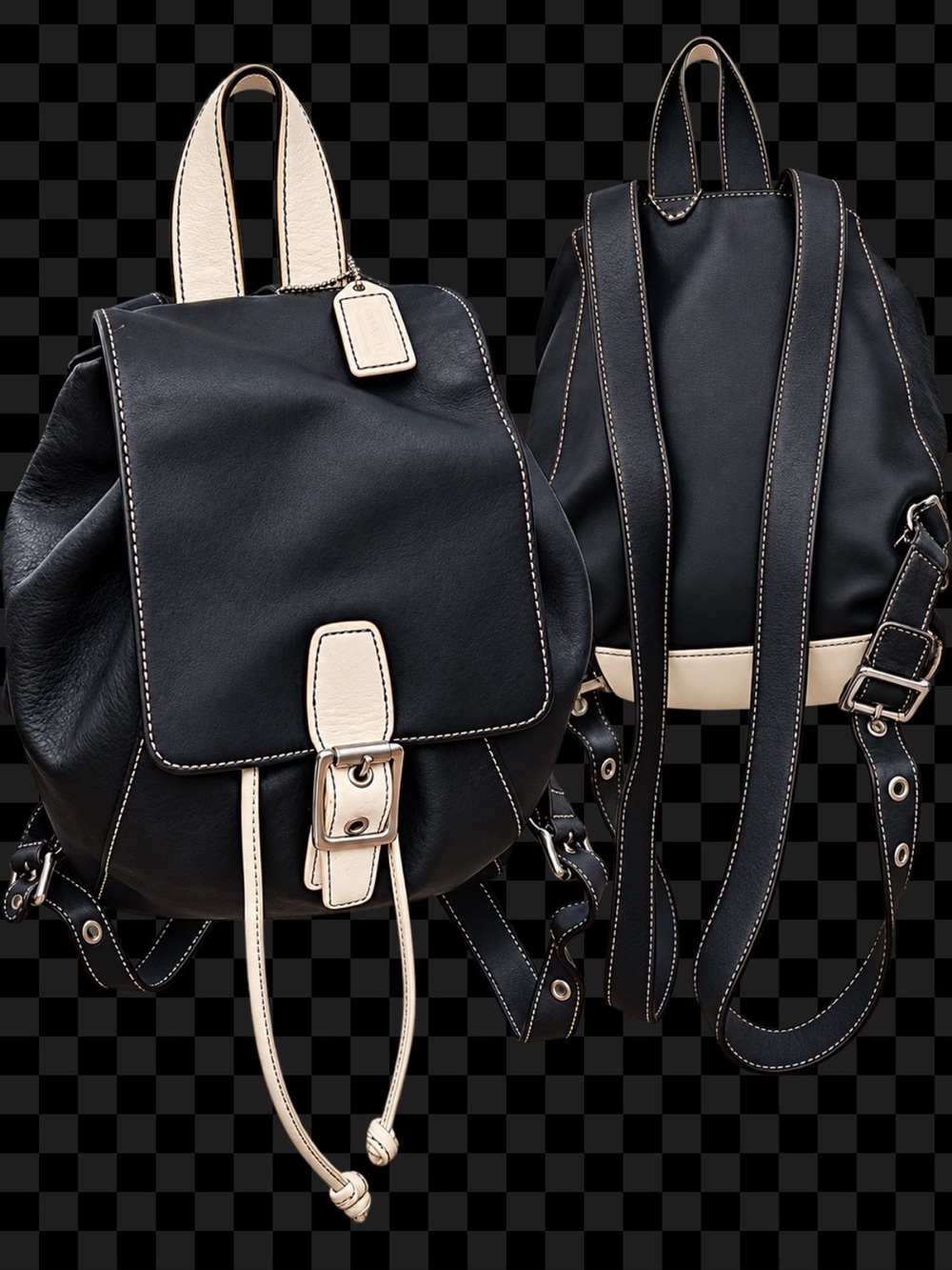 Coach Black Leather Backpack with Cream Trim